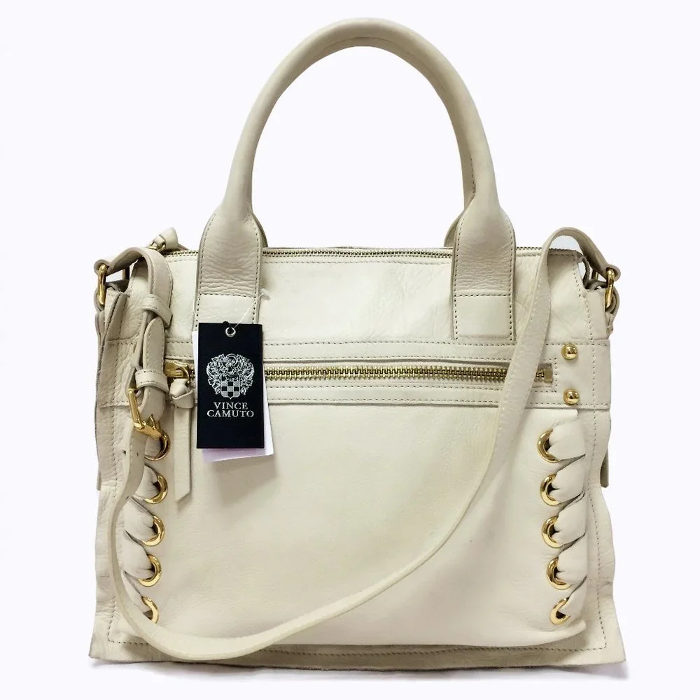 Vince Camuto Mica Ivory Leather Satchel Braided Whipstitch Gold Convertible
